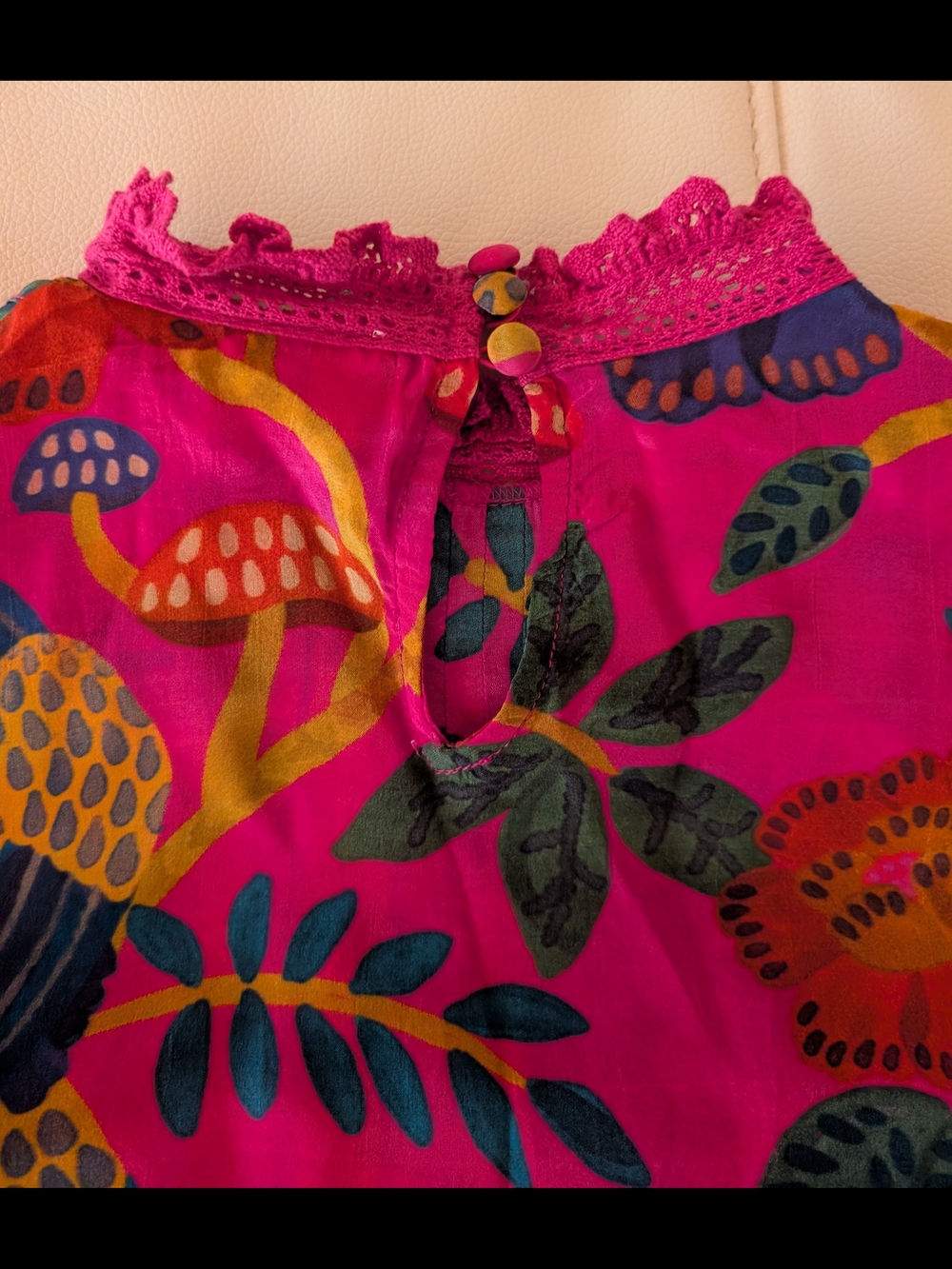 Farm Rio Deep Fuchsia Floral Lace-Trim Blouse (Floral Yard Blush) XS / S - Picture 5 of 8